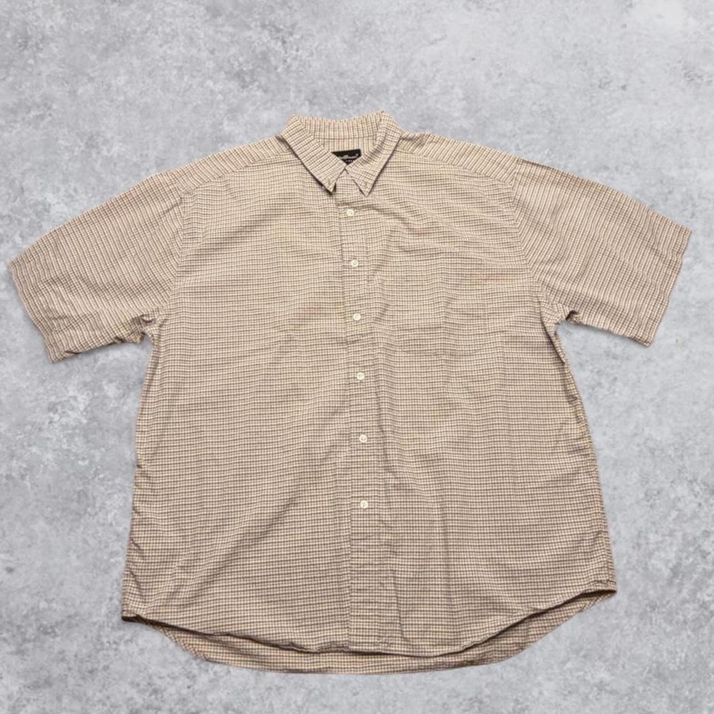Eddie Bauer Vintage Mens XL Gray White Checkered Short Sleeve Button Up Shirt